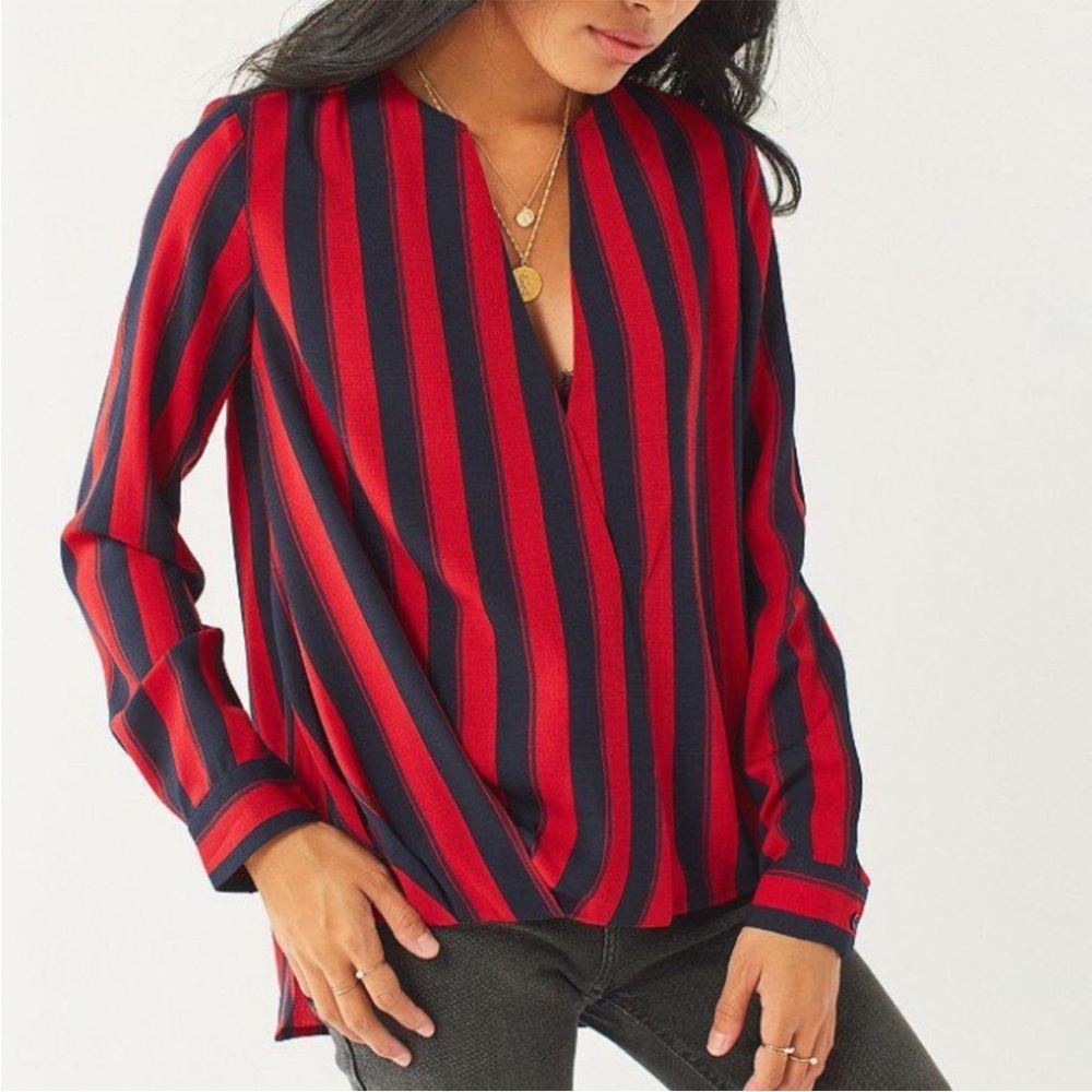 Urban Outfitters Longline Navy and Red Striped Surplice Blouse. Size Small. NWT